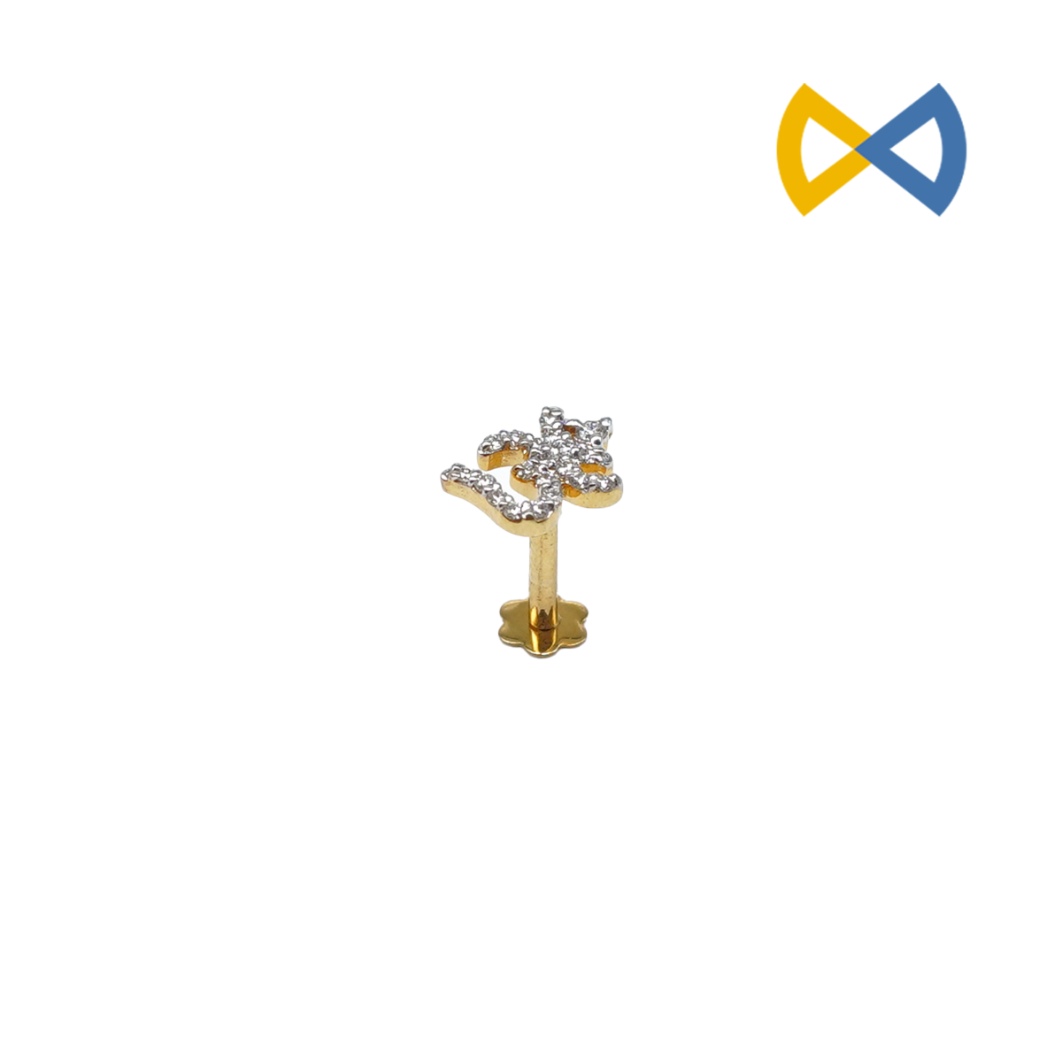 front view image of traditional Indian ohm shaped diamond nose pin.