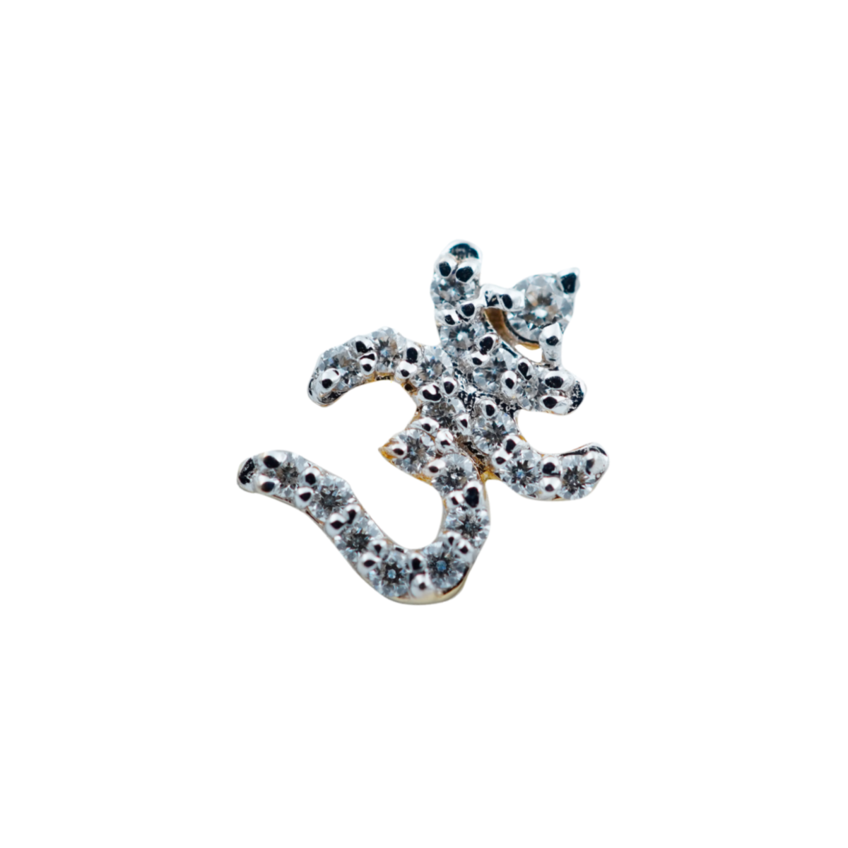 close up image of traditional Indian ohm shaped diamond nose pin. 